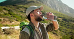 Man, hiker or drinking with water on mountain for hydration, outdoor adventure or break in nature. Thirsty, male person or hiking rest with mineral liquid or beverage for trekking journey or recovery