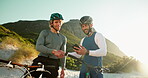 Friends outdoor, handshake and bicycle with phone for route navigation, cardio workout and discussion. People greeting, cyclist and talking on mountain bike with tech, gps location or training goals.