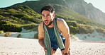 Fitness, rest or man at beach with sweat, cardio fatigue and break in intense practice. Exercise, sport and athlete on sand with training, workout routine and recovery for performance goals.