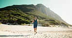 Fitness, exercise or man on sand with running, cardio challenge or workout for performance goals. Body wellness, sport or athlete outdoor with jog, physical activity or endurance in Costa Rica.