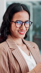 Face, employee and woman with glasses, office and reporter with smile for career growth or confident. Happy, journalist and person with eyewear for project, coworking and business development in USA