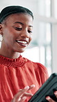 Happy, woman and employee with tablet, office and event planning with research and public relations. Creative, publicist and black person with tech for press release, campaign and project on website