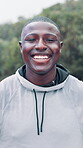 Fitness, face or black man in park with smile, sportswear or progress goal in performance. Sports, portrait or athlete outdoor with happiness, confidence or wellness for body transformation.