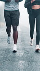 Running, legs and fitness with people on road for personal trainer, cardio workout and race challenge. Runner coaching, exercise partner and sports with athlete outdoor for competition and training