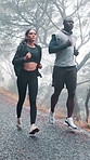 Running, fitness and team with people on road for personal trainer, cardio workout and race challenge. Runner coaching, exercise partner and sports with athlete outdoor for competition and training