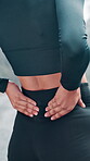 Fitness, back pain or hands outdoor with massage, training accident or emergency in muscle tension. Sports, hurt or woman outside with injury, spine stiffness and joint strain in workout issue.