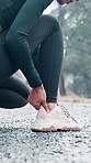 Woman, hands and ankle pain with injury on road for workout accident or muscle tension. Female person, runner or shoes with sore leg for joint inflammation, sprain or emergency on asphalt or street