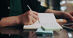 Planning, mind map and hands writing with notebook for daily operations, to do list and bokeh for efficiency. Entrepreneur, business productivity and person with service agenda, task timeline or tech