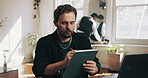 Tablet, stylus and typing with business man in office for communication, project feedback and research. Online report, networking platform and proposal timeline with person in agency for email