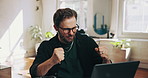 Fist pump, laptop and success with man in home for remote work goals, milestone or target. Bonus, computer and motivation with freelance employee in apartment for celebration of small business