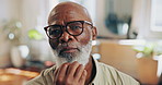 Thinking, relax and mature black man in home with memory, planning or decision for break on weekend. Glasses, choice and African person in living room with ideas, reflection or nostalgia in house.