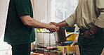 Entrepreneurs, shaking hands and agreement for deal, startup and partnership for funding opportunity. People, collaboration and handshake with investor, success and investment for small business