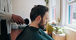 Man, barber and powder with brush for hair care, hygiene and grooming process for services at shop. People, tools and customer experience with equipment, hairstyle or trim with treatment at salon