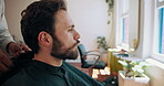 Barbershop, hands and man with barber, haircut and consultation for hair maintenance and appointment. Salon, process and people with equipment for hairstyle, haircare and hairdresser with client