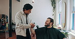 Barbershop, handshake and men with thank you, hello and greeting with grooming style. Hair care, customer and professional in workplace, shaking hands and gratitude with service and small business
