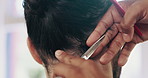 Hands, barber and scissors for haircut, grooming or comb for trim, hair removal and service at small business. People, client and customer experience at shop with tools, cutting or hairstyle at salon