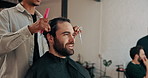 Man, scissors and talk at barbershop with results, happy and transformation with hairstyle at small business. People, barber and client with customer experience, tools or smile with trim at salon