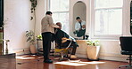 Barbershop, haircut and man with barber, grooming and consultation for hair maintenance and talking. Salon, hairdresser and people with equipment for hairstyle, appointment and discussion with client
