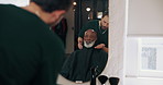 Barbershop, mirror and men with grooming, beauty or style with salon treatment. People, hair care or customer with reflection, facial or service with advice, maintenance or appointment with aesthetic
