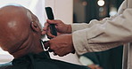 Hands, barber and shave beard with trimmer for grooming, maintenance or haircare with client. Man, hair salon and electric tool for beauty, service and hairdresser with customer in barbershop