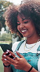 Friends, girl and laughing with phone outdoor for funny status update, social media meme or relax. Gen z people, smartphone or browsing at park with internet joke, online dating site or weekend break