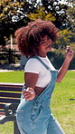Happy, dance and woman in park with energy, movement and moves for social media trend outdoor. Creative performance, dancer and person with choreography for fun, hip hop challenge or hobby on weekend