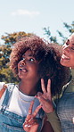 Happy, women and selfie at college, outdoor or funny faces for social media post, bonding and online. Campus, university students and friends with peace sign for picture, people and memory for web