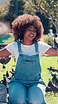 Happy, woman and pigeons at park, outdoor and laughing on summer holiday, adventure and fun on break. Student, smile and playing with birds on vacation, flying and person with animals in nature