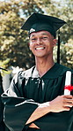 Outdoor, face and graduation for man, laugh and university student with diploma for academic growth. Happy, person and ceremony for education milestone, scholarship and achievement with certificate