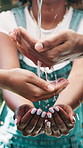 Splash, water and hands of people outdoor for sustainability, conservation and wellness in park. Natural spring, stream and open palms with mineral, aqua and liquid for cleaning, hygiene and washing