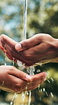Natural, water and hands of people outdoor for sustainability, hydration and wellness in park. Splash, stream and open palms with mineral, aqua and liquid for cleaning, hygiene and conservation