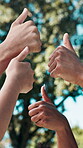 Outdoor, thumbs up and group with opinion, hands and friends with positive feedback, yes or success. Low angle, review and people with agreement for approval, solidarity and collaboration for vote