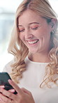 Laugh, phone and business woman in office for social networking, online chat and email communication. Happy, workplace and person typing on smartphone for website, message and contact on mobile app