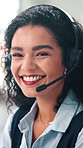 Woman, call center and face with headset, smile and pride for customer support job at office. Person, agent and consultant in portrait with voip mic, contact or help desk at finance company in Mexico