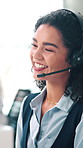 Woman, call center and happy with headset, contact and job with customer support at office. Person, agent and consultant with voip mic for advisory services, explain or help desk at finance company