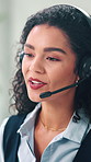 Woman, call center and discussion with headset, contact and customer support job at office. Person, agent and consultant with voip mic for advisory services, talk or help desk at finance company