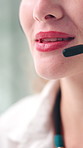 Headset, talking and mouth of business woman in office for online advice, crm support and consulting. Professional, corporate and person with mic for virtual assistance, communication and contact