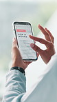 Business, hands and phone screen with person in office for how it works reading on smart product. App, article and scrolling with employee in workplace for research or review of work technology