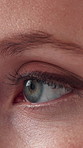 Closeup, makeup and eye with vision for beauty, mascara and eyelash extension results for aesthetic. Cosmetics, eyeliner and person with blue iris for sight, optical care and wellness with optometry 