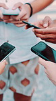 Hands, people and group with phone outdoor for networking, social media or connection. Mobile, friends and typing together to share app, internet chat and text message for online communication
