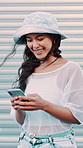 Woman outdoor, scroll and laugh with phone for social media joke, funny fashion trends or text message. Person, browse or smile with tech in city for popular clothes, internet humor or online gossip.