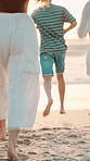 Legs, people and running on beach for travel, spring break and bonding together on holiday. Below, group and friends for social gathering trip, vacation journey and reunion adventure on ocean