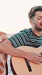 Friends, beach and guitar with singing, people with man at reunion for celebration in nature. Summer holiday, social gathering or hangout with friendship, party and instrument for music performance