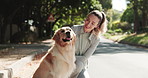 Smile, woman and dog outdoor for care, bonding and stroke companion on fitness break for health. Pet, sports person and animal with love, support and wellness with golden retriever on road