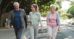 Outdoor, dog and old couple with daughter for morning walk, conversation and support for wellness. Animal care, fitness and happy people talking on road for exercise, retirement health or connection