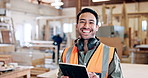 Face, happy man or woodworker in workshop with tablet, building project info or manufacturing research. Person, smile and plan in factory with tech for carpentry idea, furniture production or repair.