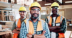 Face, men and carpenter in workshop with arms crossed for building project, manufacturing and woodwork. Confident, people and smile in factory with PPE for carpentry, furniture production and repair.