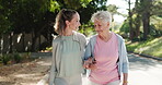 Outdoor, fitness or senior woman with daughter for morning walk, speaking or support for wellness. Neighborhood road, talking or happy woman with old person, care or exercise for retirement health