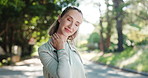 Fitness, woman and neck pain outdoor with injury, muscle fatigue and discomfort. Runner, exercise and sore with person on road for joint inflammation, health problem or massage for relief with strain