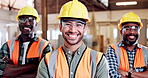 Man, face and carpenter team at workshop, smile or arms crossed with pride for furniture production. Person, group and portrait with goggles, happy and helmet with woodwork manufacturing at factory